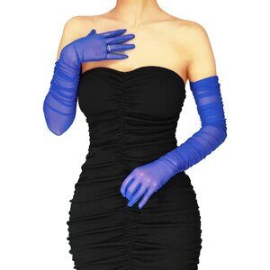 Women's Royal Blue Sexy Tulle Sheer Mesh Long Satin Gloves Party Prom Costume